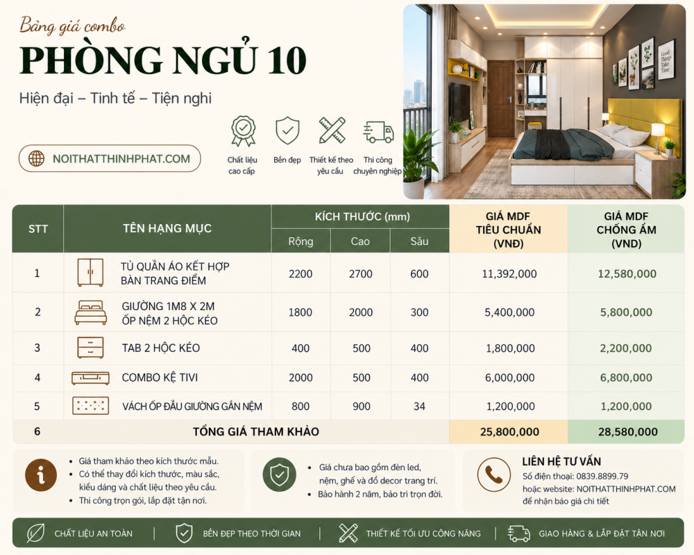 Combo Phòng Ngủ MDF Hiện Đại Có Tủ Áo Kịch Trần Kèm Bàn Trang Điểm Và Kệ TV Treo Tường - PN10